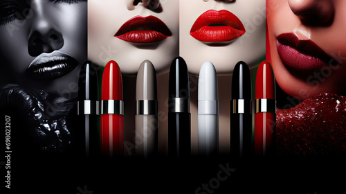 Set of different colors of lipsticks on women's bright lips background. Lipstick advertising banner mockup. photo