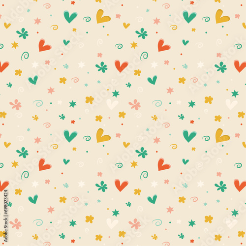 A pattern composed of hearts and cute shapes on a pink background. Simple pattern design template.