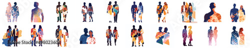 Set of Abstract couple silhouette with vitiligo of different nationalities standing together. Vector concept to support people living with vitiligo and to build awareness about chronic skin disorder.