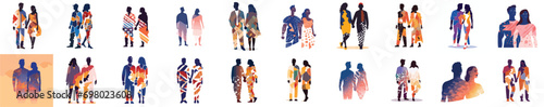 Set of Abstract couple silhouette with vitiligo of different nationalities standing together. Vector concept to support people living with vitiligo and to build awareness about chronic skin disorder.