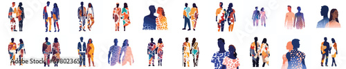 Set of Abstract couple silhouette with vitiligo of different nationalities standing together. Vector concept to support people living with vitiligo and to build awareness about chronic skin disorder.