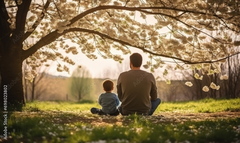 father and son sitting against the background of nature, the concept of parenthood, intimacy, education and mutual understanding, father's day father and son sitting against the background of nature, the concept of parenthood, intimacy, education and mutual understanding, father's day