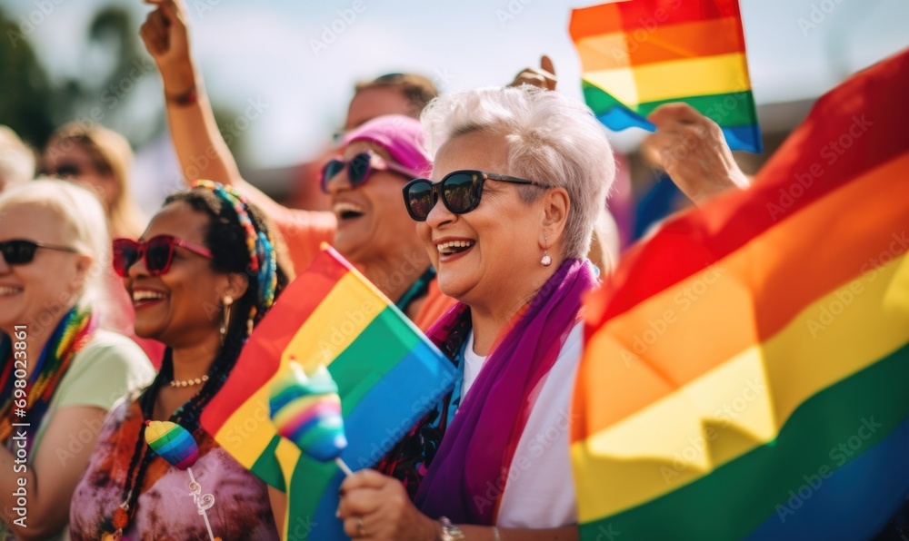 Mature women at the LGBTQ parade, showing solidarity with colorful pride flags - obrazy, fototapety, plakaty 