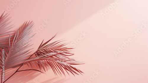 Palm leaves on a pink background with empty space for product placement or promotional text. © OleksandrZastrozhnov