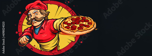 Cartoon Italian mustachioed pizzaiola in a red circle holds a pizza with salami in his hand on a black background