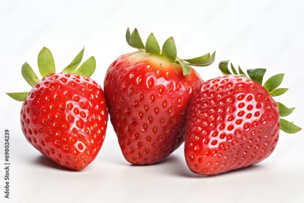 Three strawberries are sitting side by side on a white surface Three strawberries are sitting side by side on a white surface
