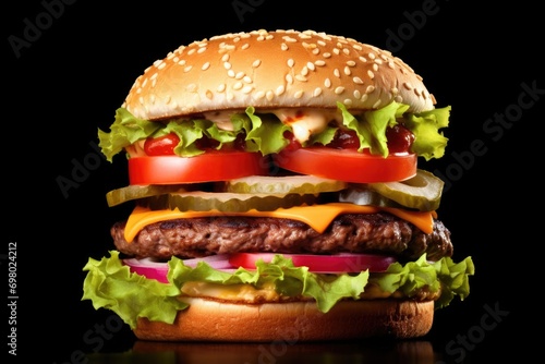 A hamburger with lettuce, tomato, cheese and pickles