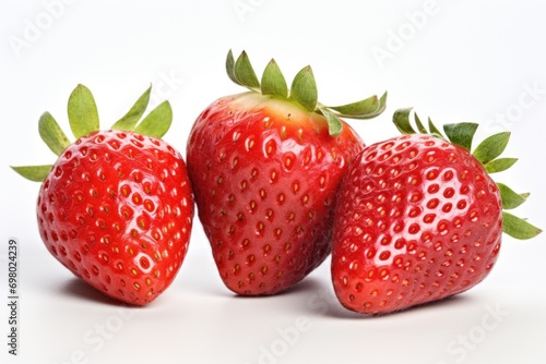Three strawberries are sitting side by side on a white surface