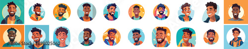 Set of a Portrait and avatar of male. Laughter and joy, smile and calmness. Diversity of personage, multiethnic society. Cartoon character, vector in flat style, flat color. 