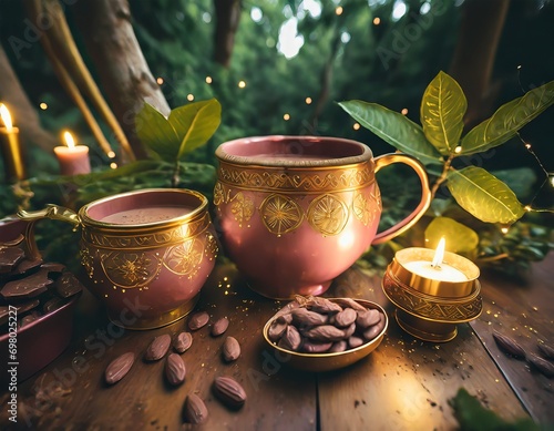 Cacao ceremony. Two pink ceramic ceremonial cocoa cups with golden ethnic ornaments on a hardwood table, surrounded with glowing candle lights and green plants. 