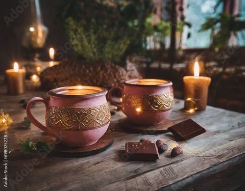 Cacao ceremony. Two pink ceremonial cocoa cups with golden ethnic ornaments on a hardwood table, surrounded with glowing candle lights and green plants. 