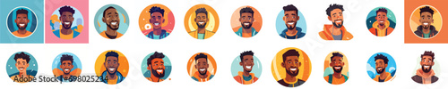 Set of a Portrait and avatar of male. Laughter and joy, smile and calmness. Diversity of personage, multiethnic society. Cartoon character, vector in flat style, flat color. 