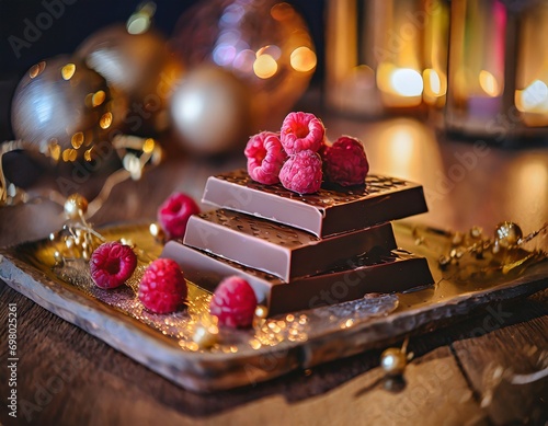 Raw handmade natural chocolate bars decorated with red raspberry fruits, surrounded with pink glowing candle lights on a hardwood table. 