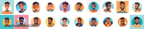 Set of a Portrait and avatar of male. Laughter and joy, smile and calmness. Diversity of personage, multiethnic society. Cartoon character, vector in flat style, flat color. 