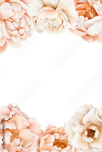 Photos Watercolor floral frame with gentle peachy peonies and roses on a white background