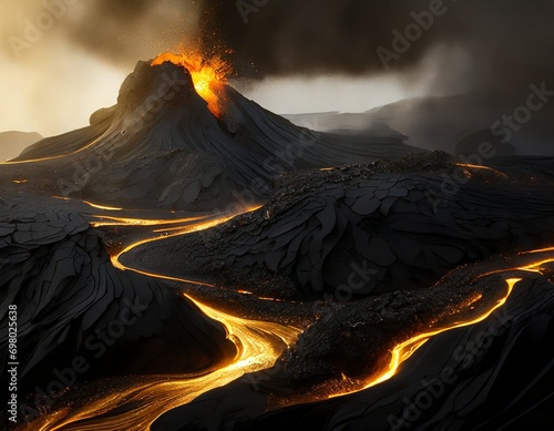 Dark dramatic landscape with volcano eruption and flowing lava. 