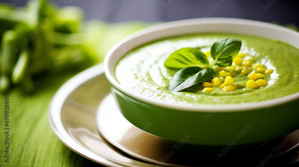 Summer cream soup with green fresh pea shoots. Top view. Generative AI Summer cream soup with green fresh pea shoots. Top view. Generative AI