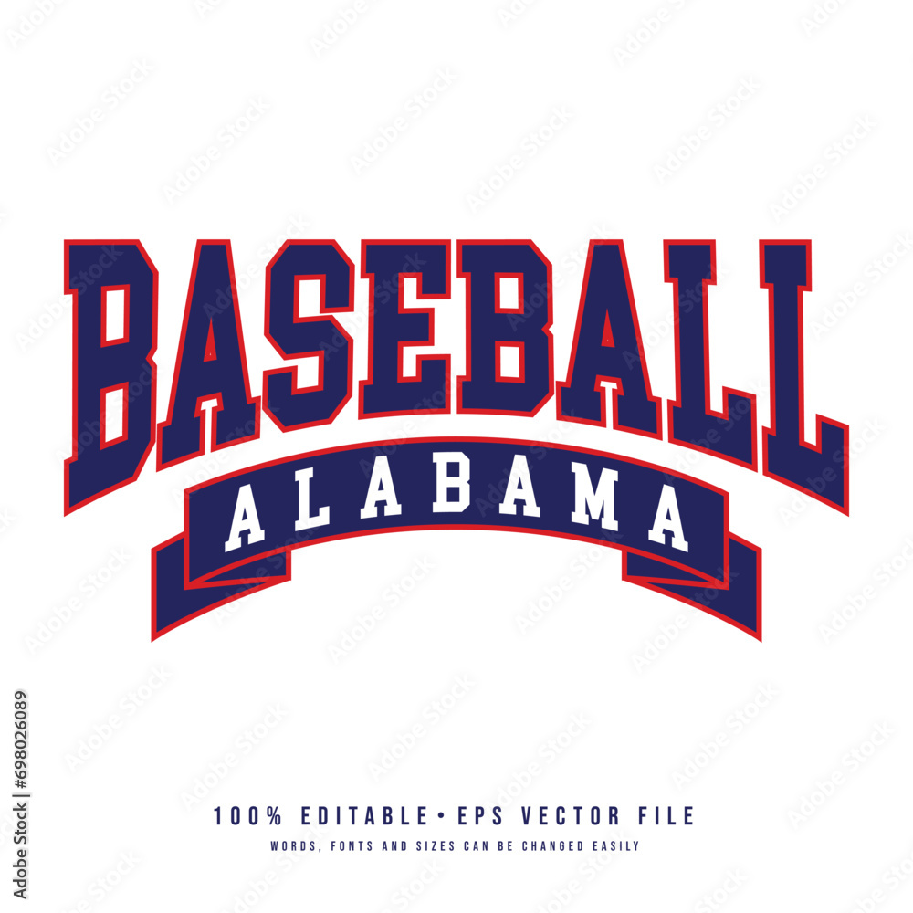 Baseball Alabama typography design vector. Editable college t-shirt design printable text effect vector	