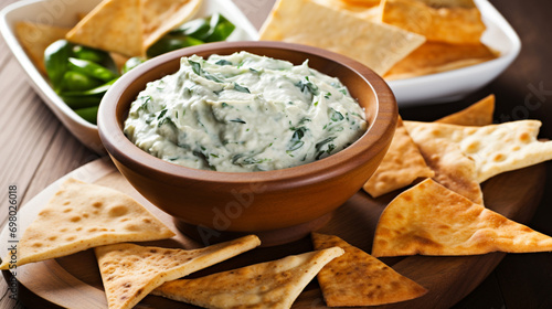 Spinach Dip with Baked Pita Chips. Generative AI