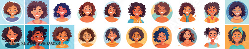 Set of a Portrait and avatar of girl. Laughter and joy, smile and calmness. Diversity of personage, multiethnic society. Cartoon character, vector in flat style, flat color
