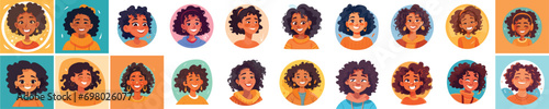 Set of a Portrait and avatar of girl. Laughter and joy, smile and calmness. Diversity of personage, multiethnic society. Cartoon character, vector in flat style, flat color