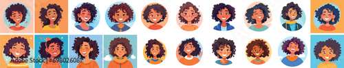 Set of a Portrait and avatar of girl. Laughter and joy, smile and calmness. Diversity of personage, multiethnic society. Cartoon character, vector in flat style, flat color