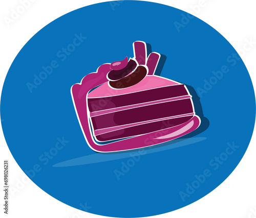 Vector illustration of a purple velvet cake piece against a blue background.