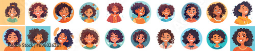 Set of a Portrait and avatar of girl. Laughter and joy, smile and calmness. Diversity of personage, multiethnic society. Cartoon character, vector in flat style, flat color