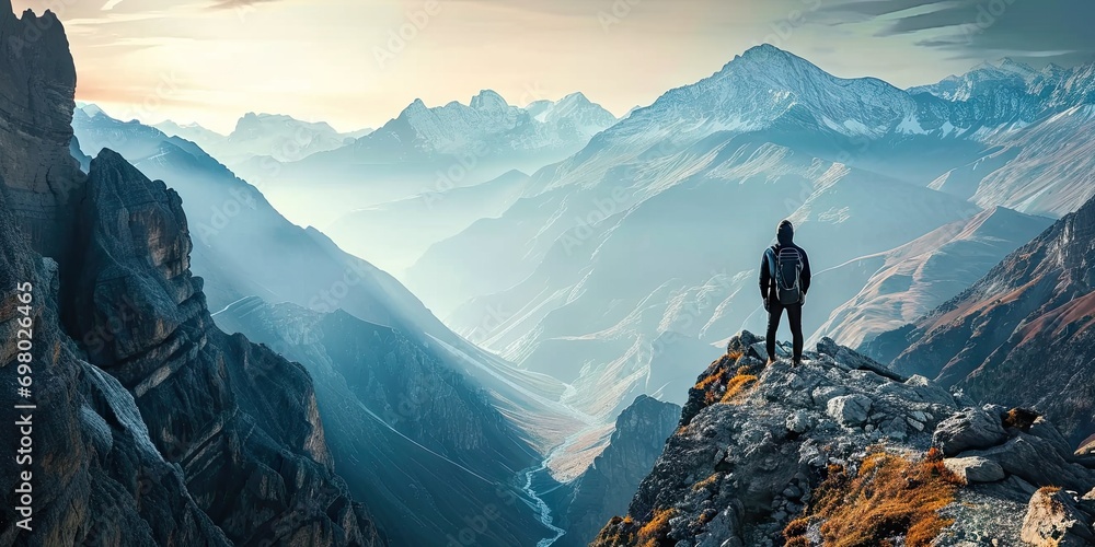Adventure and exploration in heart of nature. Lone traveler adorned with backpack stands triumphantly on mountain peak gazing at breathtaking panoramic. Rugged terrain dusted with snow touch of winter - obrazy, fototapety, plakaty 