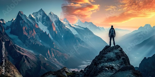 Adventure and exploration in heart of nature. Lone traveler adorned with backpack stands triumphantly on mountain peak gazing at breathtaking panoramic. Rugged terrain dusted with snow touch of winter photo