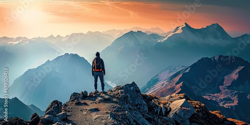 Adventure and exploration in heart of nature. Lone traveler adorned with backpack stands triumphantly on mountain peak gazing at breathtaking panoramic. Rugged terrain dusted with snow touch of winter