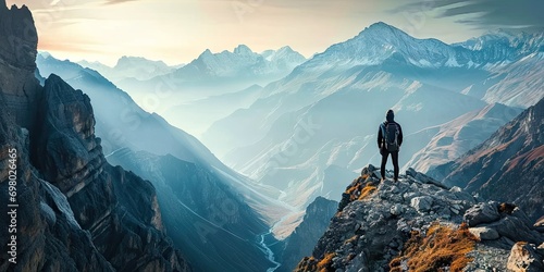 Adventure and exploration in heart of nature. Lone traveler adorned with backpack stands triumphantly on mountain peak gazing at breathtaking panoramic. Rugged terrain dusted with snow touch of winter photo
