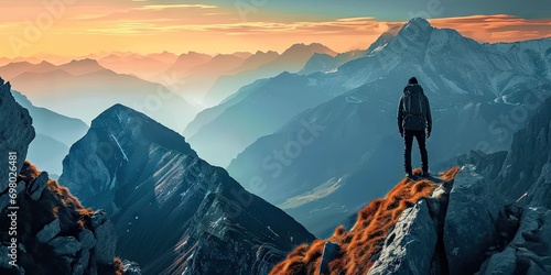 Adventure and exploration in heart of nature. Lone traveler adorned with backpack stands triumphantly on mountain peak gazing at breathtaking panoramic. Rugged terrain dusted with snow touch of winter