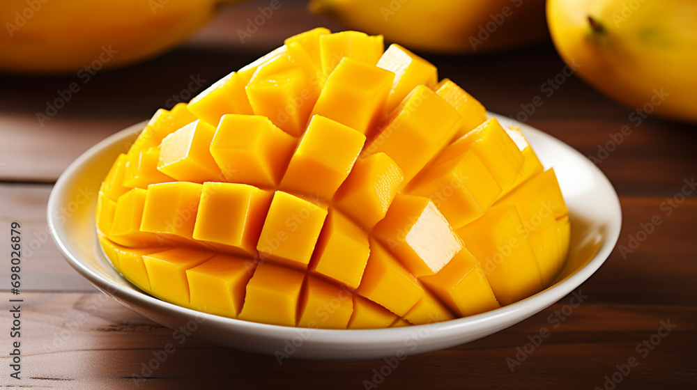 Indian Alphonso mango fruits with slices cubes isolated on a white background. Generative AI