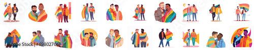 set of a gay couple with a rainbow flag. The concept of LGBTQ. Illustration of a couple of men in love. Men of different races, Vector illustration on a white background, flat colors, outline