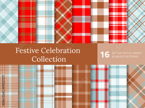 Set Tartan Plaid Seamless Pattern. Texture for plaid, tablecloths, shirts, clothes, bedding, blankets and other textile. Collection of Christmas red and brown  backdrops. Vector illustration. Vol 01