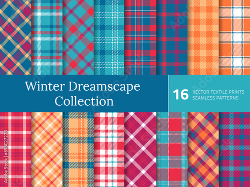 Set Tartan Plaid Seamless Pattern. Texture for plaid, tablecloths, shirts, clothes, bedding, blankets and other textile. Collection of winter blue and red backdrops. Vector illustration. Vol 09