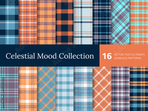 Set Tartan Plaid Seamless Pattern. Texture for plaid, tablecloths, shirts, clothes, bedding, blankets and other textile. Collection of celestial blue and orange backdrops. Vector illustration. Vol 08