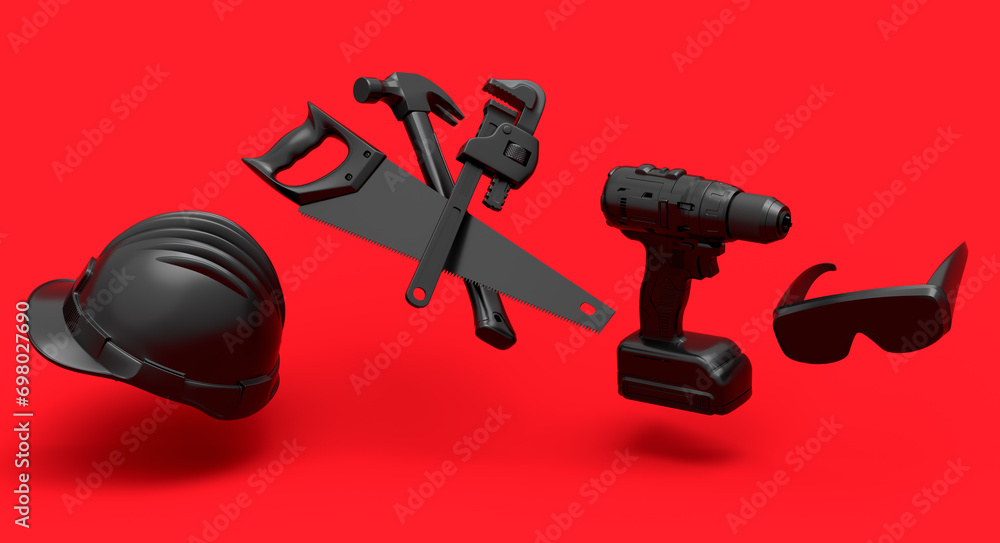 Flying view of monochrome construction tools for repair on red background Flying view of monochrome construction tools for repair on red background