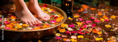 Spa treatment for feet with beautiful pedicure in golden Thai bowl water with flower petals.Body care. Beauty salon.Close-up of a woman washing delicate and smooth feet. Ultra wide banner.Copy space