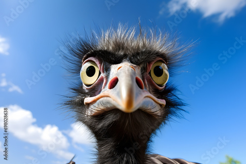 Funny emu bird with large eyes in front of blue sky