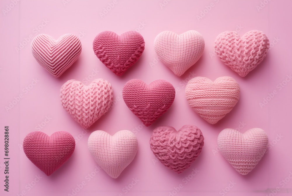 Collection of small knitted heart-shaped decorations on a pink background by Generative AI Collection of small knitted heart-shaped decorations on a pink background by Generative AI