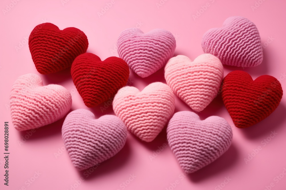 Fototapeta premium Collection of small knitted heart-shaped decorations on a pink background by Generative AI