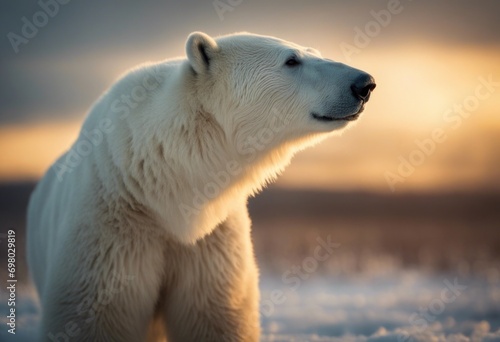 a polar bear stands alone in a snowy field with a sunset background