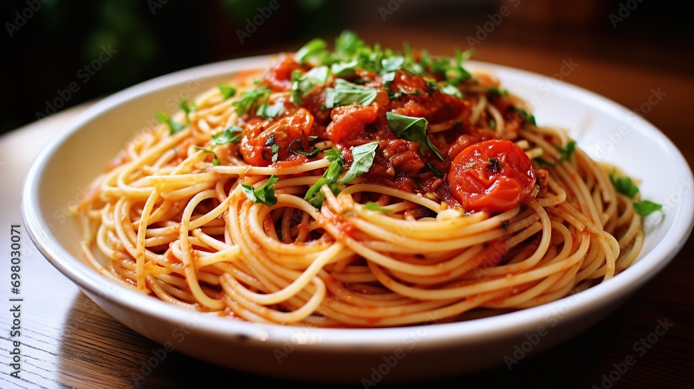 close up horizontal view of a typical italian pasta dish on a wooden table AI generated