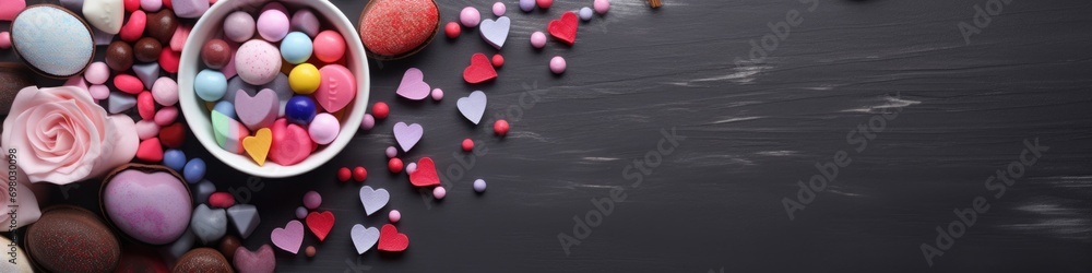 A colorful bowl of candy hearts on a black background. Generative AI. A colorful bowl of candy hearts on a black background. Generative AI.