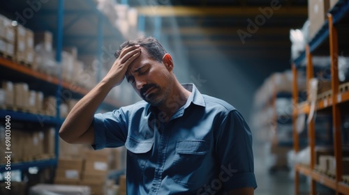 A stressed warehouse worker struggles in the summer heat, symbolizing the challenges of the logistics industry. Generative AI.