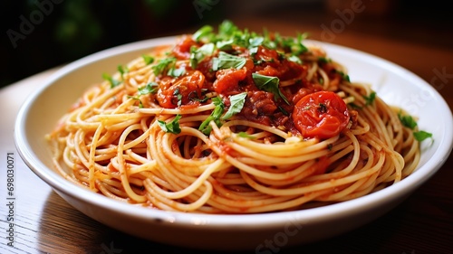 close up horizontal view of a typical italian pasta dish on a wooden table AI generated