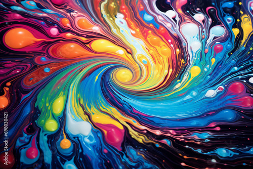 Cosmic swirls of neon paint create an abstract psychedelic vortex, pulling the viewer into a vibrant and mesmerizing dimension.