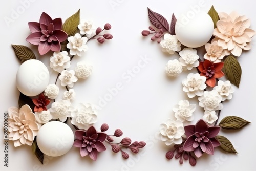 Happy Easter concept with easter eggs in nest and spring flowers.